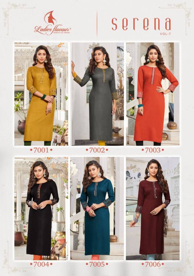 Ladies Flavour Serena 7 Rayon New Fancy Ethnic Wear Designer Kurtis Collection